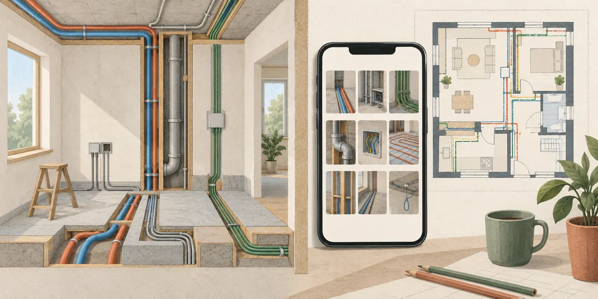 Ilustracja porządkowania zdjęć instalacji za pomocą telefonu i rzutu pomieszczenia